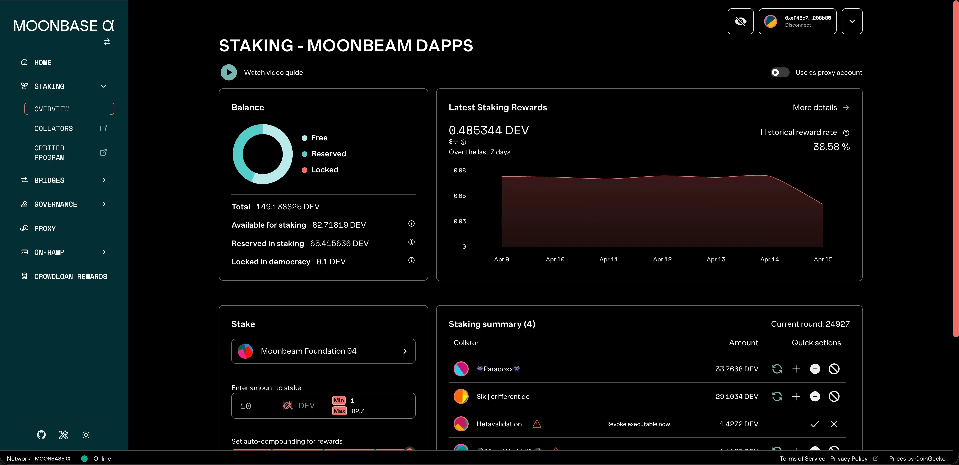 Moonbeam Foundation dApp staking dashboard view