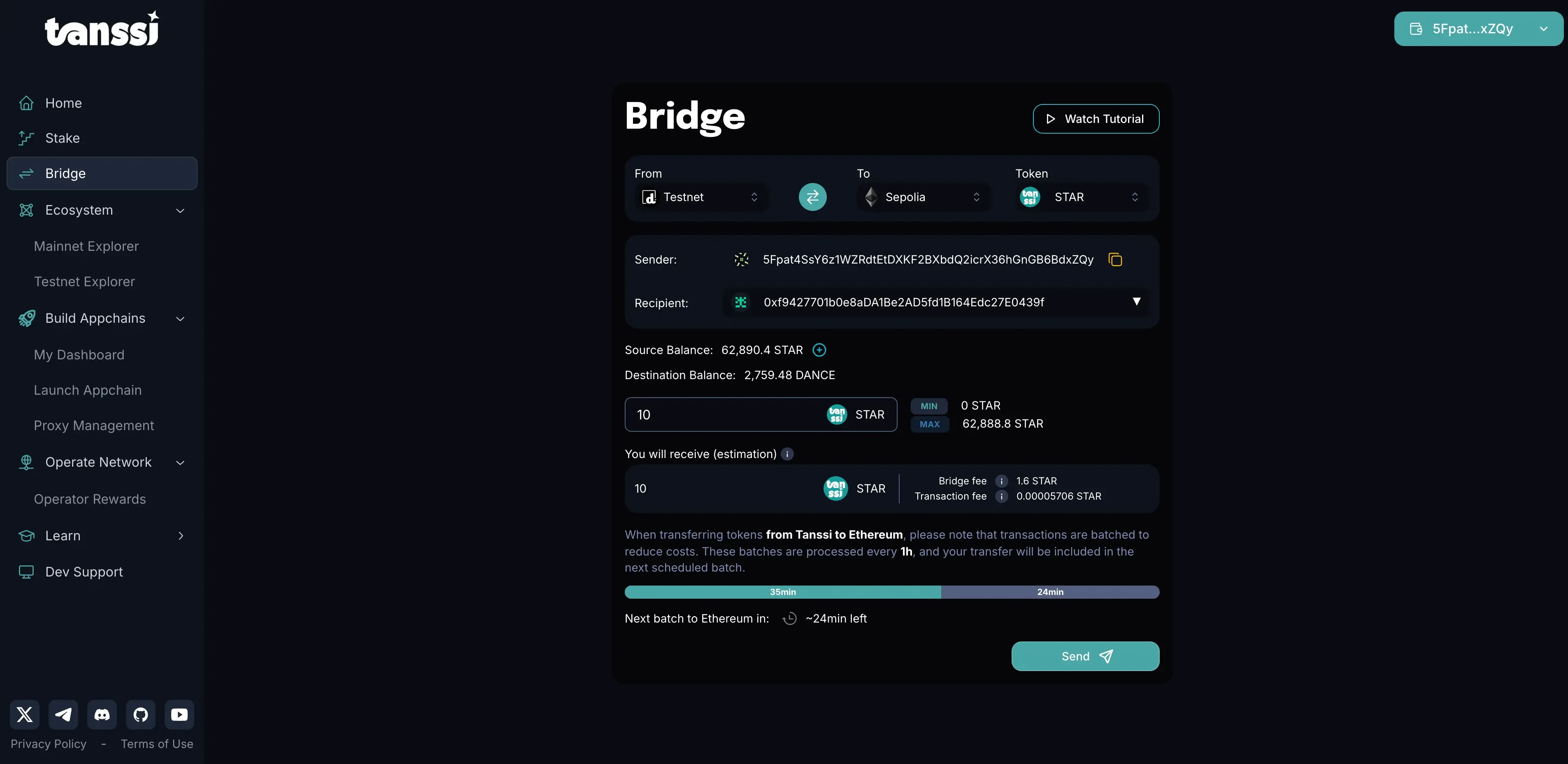 Tanssi Network dApp wallet briding page