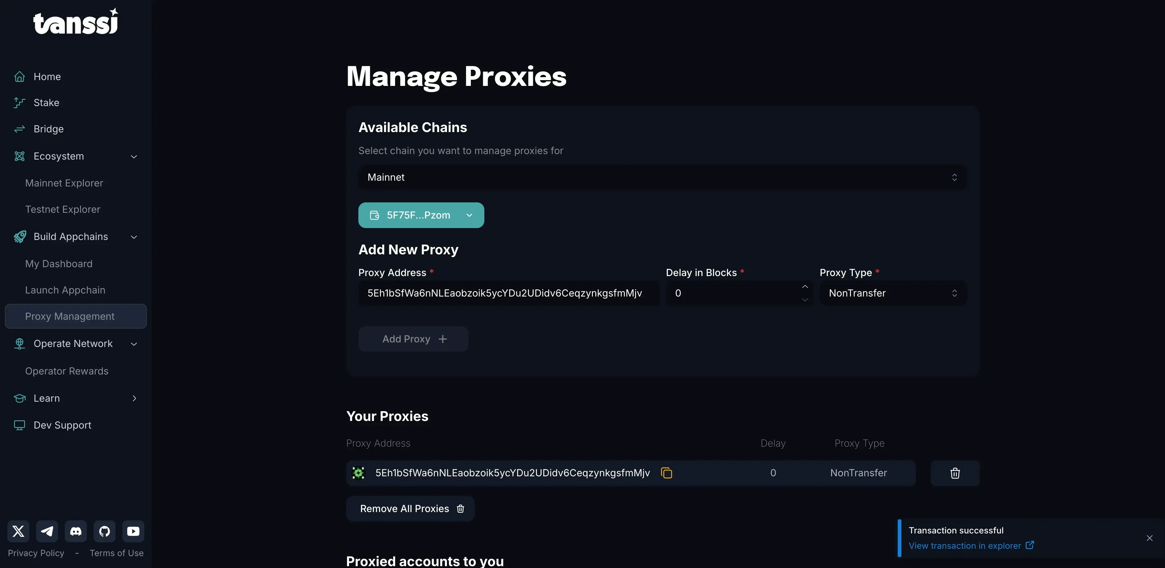 Tanssi Network dApp proxies page