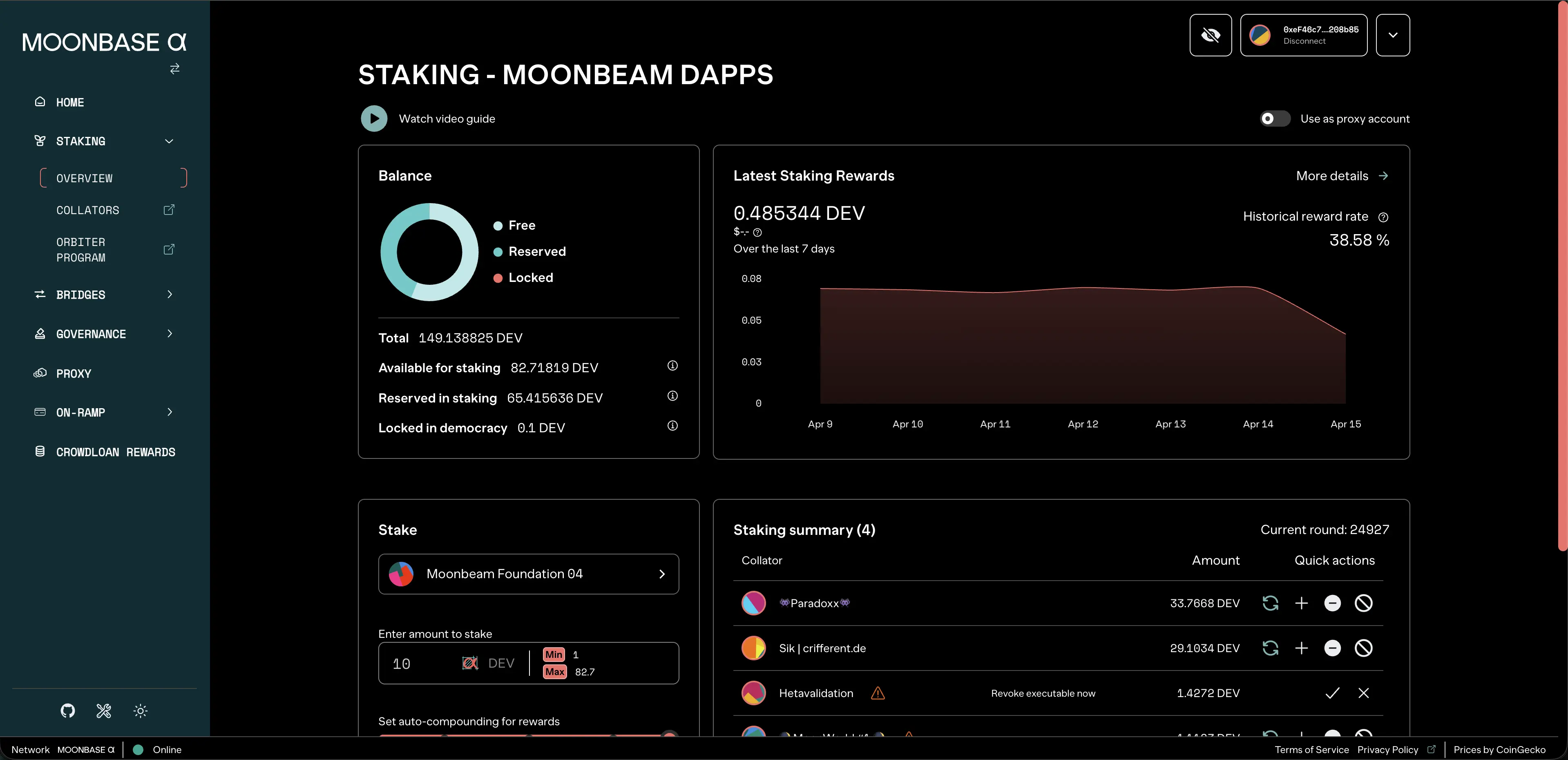 Moonbeam Foundation dApp staking dashboard view