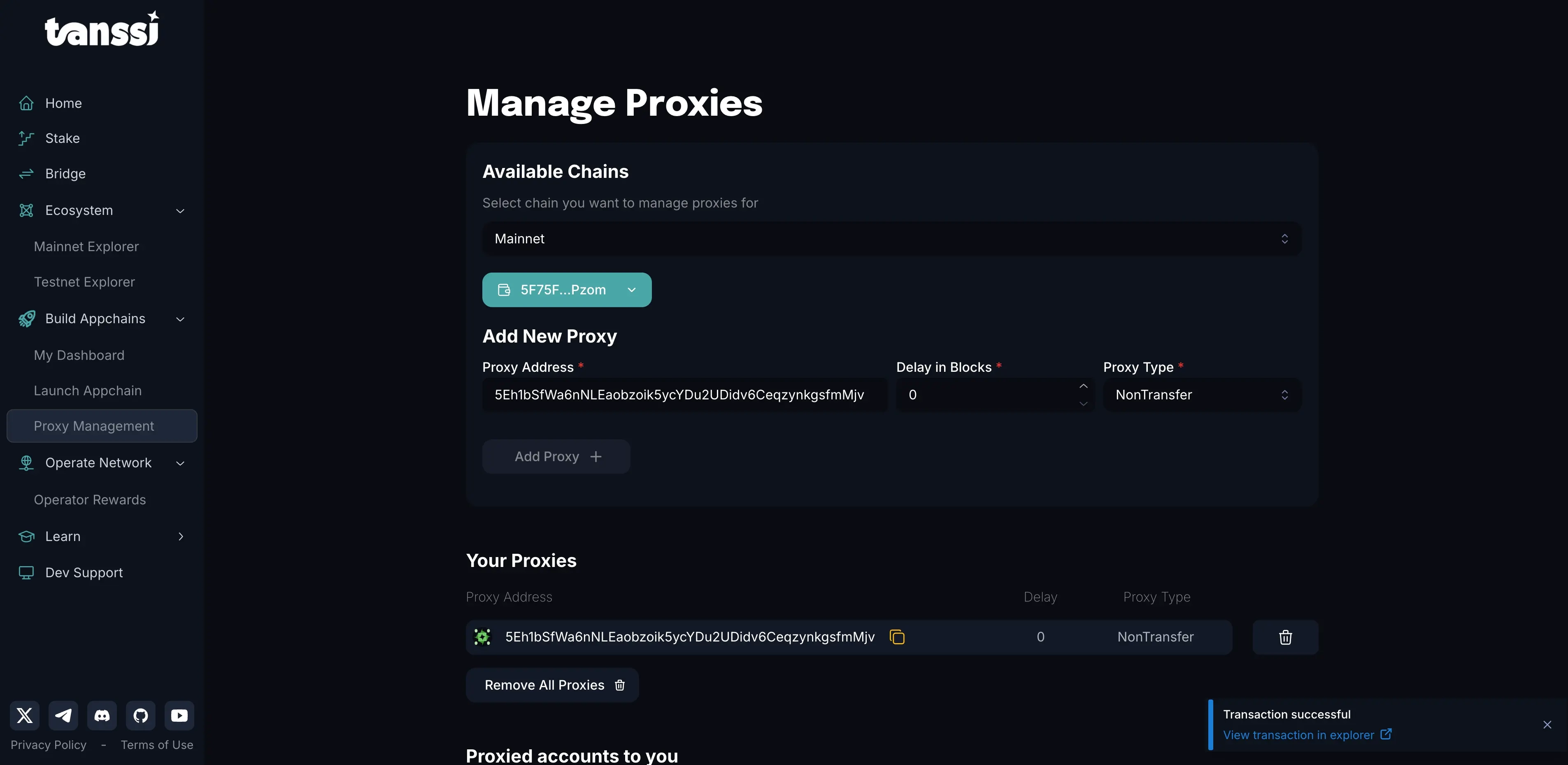 Tanssi Network dApp proxies page